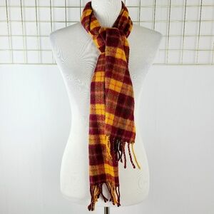 Amicale Marigold Burgundy Plaid Check Merino Wool Fringe Unisex Scarf